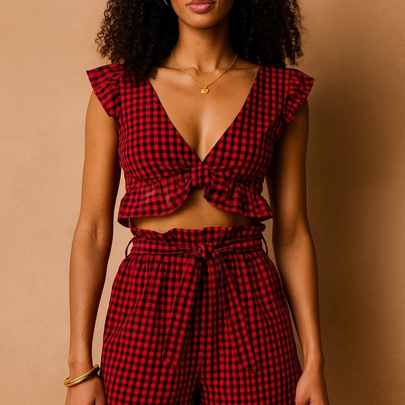 Red and Black Checkered Crop Top and Pants Set - Picture 1 of 3